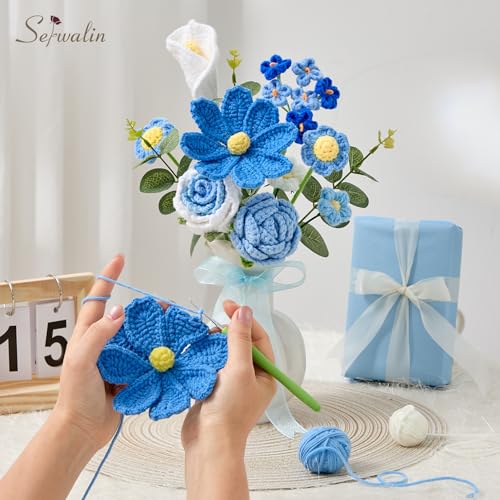 Serwalin Crochet Flower Bouquet, Blue Knitted Flowers,Roses Crochet Flowers for Valentine Day Lover Wedding Anniversary Birthday Mother’s Day Back-to-School or Graduation Ceremonies Gift (with Card) - color: Blue