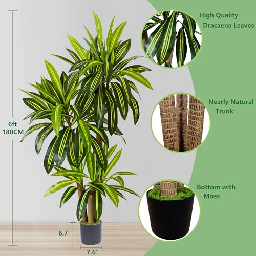 Warmplants Artificial Dracaena Tree, 6ft Tall Fake Dracaena Plant with Basket, Indoor Outdoor Faux Topiary Yucca Trees for Office Home Living Room Porch Patio Décor - color: Dracaena, size: 6ft