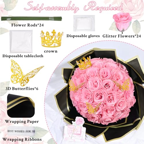 Waipfaru Pink Glitter Roses Bouquet, DIY Fake Flowers Bouquet, Everlasting Shiny Artificial Rose Bouquet for Valentine's Day, Anniversary, Engagement, Wedding, 24 Roses - color: Pink, size: 24pcs