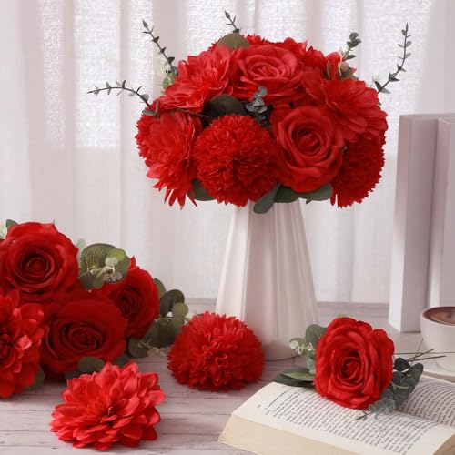 Suncalla 98 Pcs Artificial Flowers Bouquet Assorted Faux Flowers Heads with Stem Eucalyptus Leaves Silk Floral Table Centerpiece for DIY Wedding Party Wreath Home Decor(Red Color) - color: Red Color