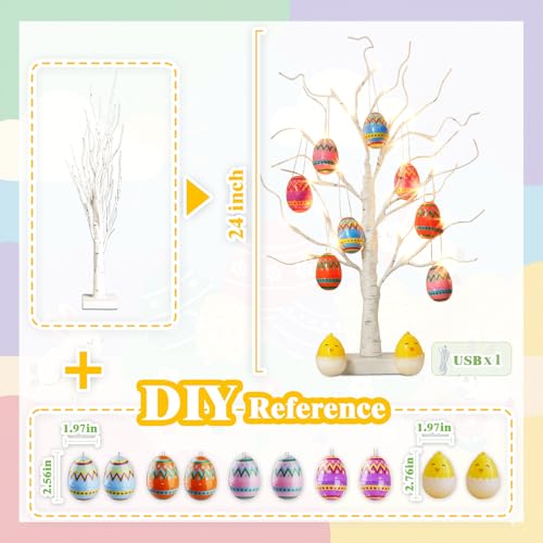 PEIDUO Easter Decorations for Home, 2FT 24LT Egg Tree Lighted with Battery Powered and Timer, Lighted Easter Trees Decor, Pre-lit White Birch Tree for Party Spring Decor - style: Easter tree