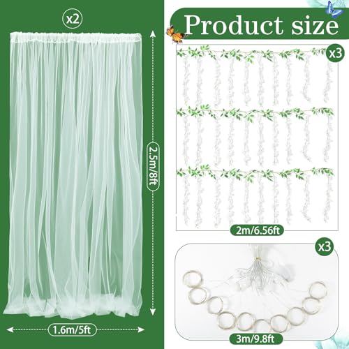 Gilprop 6 Pcs Wisteria Artificial Flowers Garland Lighted White Tulle Backdrop Curtain 10×8ft Sheer Wisteria Flower Curtains Backdrop Vine Silk Hanging for Birthday Engagement Wedding Anniversary