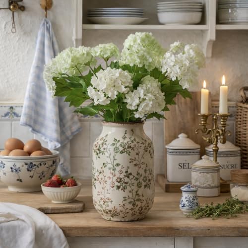 SIDUCAL Ceramic Vintage Pastoral Vase, 8.78 Inch Chinoiserie Floral Vase, Retro Ice Cracked Rustic Farmhouse Vases for Home Decor, Living Room, Bookshelf, Office, Tuscan Decor, Green and Brown Floral - color: 18049-green and Brown Floral
