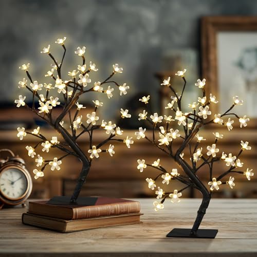 PEIDUO Set of 2 Lighted Cherry Blossom Tree, Light up Bonsai Tree for Christmas Decorations, Warm White Lights Plug in Adapter, Tabletop Night Light Artificial Tree for Indoor Bedroom Living Room - style: 2PK Cherry Blossom Tree