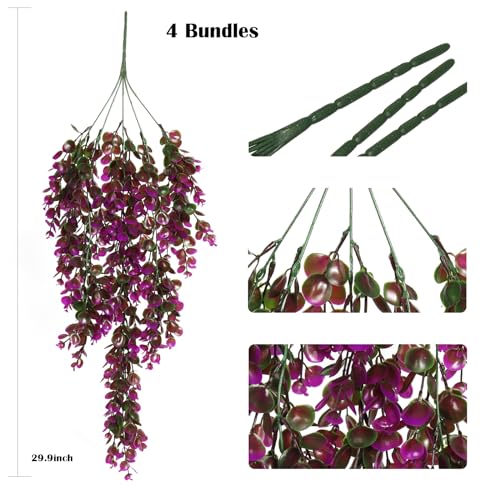 RECUTMS 4Pcs 29.9 Inch Fake Hanging Eucalyptus Plants, UV Resistant Plastic Fuchsia Artificial Ferns for Outdoor Home Room Garden Wedding Party Porch Wall Shelf Indoor Creeping Jenny Greenery Decor - color: Mauve