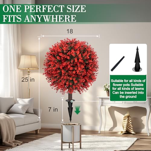 AOKIIE 24" Artificial Boxwood Topiary Bushes UV Resistant for Outdoor 2PCS | Artificial Shrubs with Ground Spike, Red Faux Outdoor Plants for Indoor & Outdoor Garden, Yard, Porch, Patio - color: Red