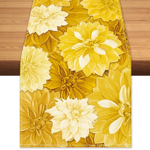 Yellow Dahlia Flower Summer Table Runner Yellow Gray Burlap Table Runners, Spring Elegant Floral Seasonal Coffee Table Center Decor for Home Kitchen Dining Party Indoor Outdoor 13x36 Inch - color: Yellow, size: 13" x 36", Table Runner