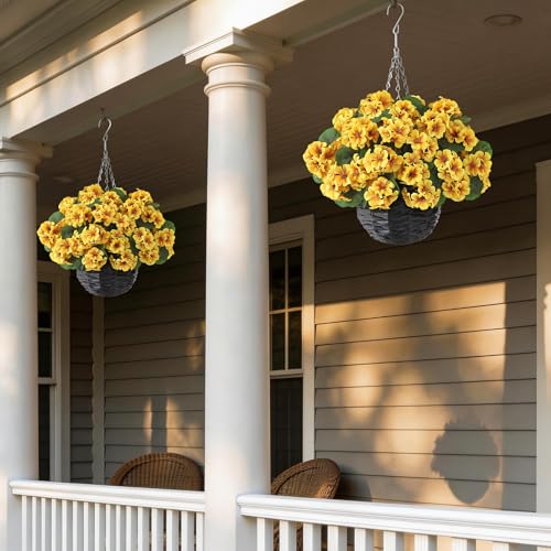 GLIDLION 2 Set Artificial Geraniums Flowers with Hanging Baskets for Outdoors - Sun Resistant Silk with Geranium Flowers, Fake Hanging Planters for Front Porch Garden Patio Home Decor (Yellow) - color: Yellow