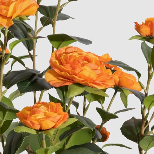 Romantic Season 2Pack Artificial Camellia Tree 3FT, Orange Faux Camellia Plant Fake Potted Camellia Flower Tree Plastic Camellia Tree for Modern Home Office Living Room Floor Décor Indoor - color: Orange, size: 3FT