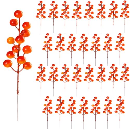 32 Pack Fall Berry Stems, Fall Floral Picks and Sprays 8 Inch Orange Artificial Berry Branches for Autumn Thanksgiving Home Decorations