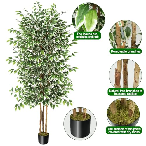 GTIDEA 7ft Large Ficus Artificial Tree with Natural Trunk, 84" Tall Faux Tree for Home Decor Indoor, Lifelike Silk Tree Fake Plants for Living Room Covered Porch Office Corner Decor (NO VASE INCLUDED) - color: 7ft Ficus Tree (No Vase)