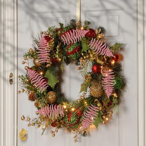 MWOOT 16 PCS Christmas Artificial Fern Bush Leaf, Pink Glitter Faux Plants Leaves for Centerpieces, Fake Christmas Tree Picks for DIY Garland Wreath Wedding Bouquet Table Home Garden Décor