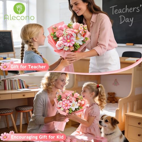 Alecono Large Crochet Flower Bouquet, Pink Knitted Flowers, Crochet Tulip Galsang Flower for Valentines Day Lover Anniversary Birthday Party Mother's Day Graduation Gifts (Include Card) - color: Pink, size: X-Large