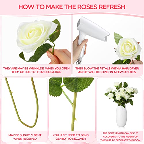Jexine 50 Pcs Artificial Rose Flower Bulk Realistic Silk Fake Roses with Long Stem Plastic Artificial Flower Bouquet Real Looking for Home Wedding Centerpieces Party Decoration(White) - color: White