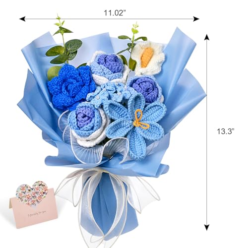 Crochet Flowers Bouquet, Knitted Rose Tulip Calla Lily Flowers Bouquet for Mother's Day, Father's Day, Birthday, Graduation, Home Décor, Gifts for Mom, Dad, Lovers, Friends, Blue - color: Blue