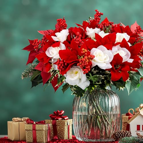 2 Pcs 20 Inch Artificial Red Poinsettia White Rose bouquet with Berry Pine Branch 12 Stems Velvet Faux Poinsettia Floral for Vases Wreaths Garland Indoor Outdoor Christmas Tree Home Decorations - color: Red
