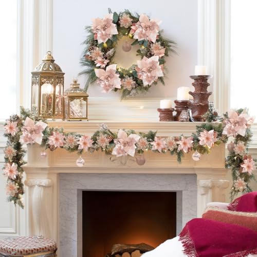 48PCS Christmas Tree Decorations Set, Rose Gold Christmas Ornaments Set Includes Ball, Artificial Poinsettia Flowers and Berries, for Xmas Tree Decor (Rose Gold)