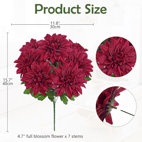 Hollyone Red Artificial Dahlia Flowers Bush Fake Fall Flowers Artificial for Decoration Outdoor Indoor 7 Heads Silk Faux Dahlias Flower Bouquets Arrangements Centerpieces Fall Decorations for Home - color: Red
