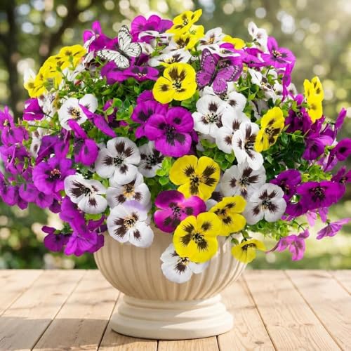 Geegoods 18 Stems Artificial Pansies Flowers for Outdoor with 3 Pcs Butterflies, UV Resistant Faux Flowers for Hanging Baskets Window Box Porch Garden Summer Decor - color: Purple White Yellow, size: 18PCS with Butterfly