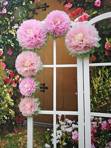 Mybbshower Pinks Flowers Decoration (11''-7'' Assorted) 6 pcs Artificial Tissue Paper Peony Nursery Wall Bridal Shower Centerpiece Baby Girl Birthday Tea Party