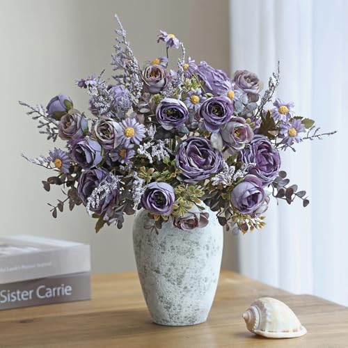 Artificial Roses Flowers 6 Pack Vintage Roses Pink Flowers Small Silk Rose Bouquet with Daisy Flowers Faux Floral Arrangements for Vase Centerpiece Table Wedding Party Bridal Decor - color: Purple, size: 6PCS
