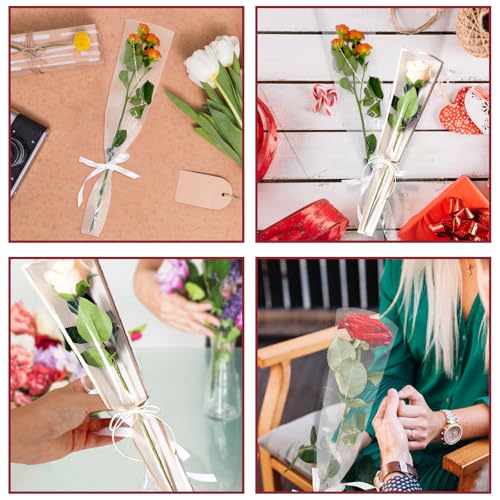 Bayurht 101 PCS Single Rose Sleeve Single with Ribbon and 50 Pcs Floral Water Tubes Flower Packaging Bags Single Flower Sleeve Flower Wrapping Bags for Bouquets Wrapping (White) - color: White