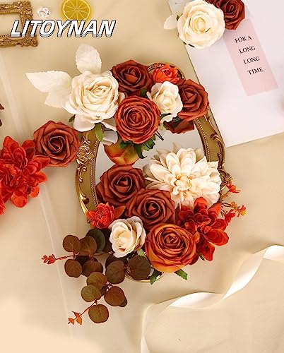 Artificial Flower Box Set Silk Flowers Rose Faux Flowers with Stems for DIY Bridal Wedding Bouquets Centerpieces Arrangements Table Decor Baby Shower Party Home Decor (Chic Terracotta Rust) - color: Chic Terracotta Rust