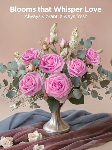 InnoGear Artificial Flowers, 50 Pcs Pink Foam Fake Roses Bulk with Stems for Decoration DIY Wedding Bouquets Centerpieces Bridal Shower Party Valentines Christmas Tree - color: Pink