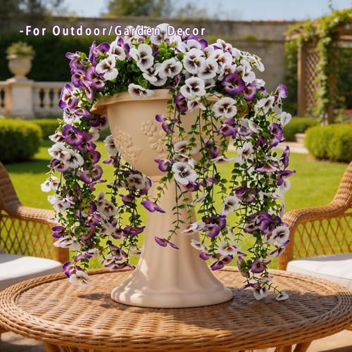Faux Outdoor Plants,2 Pack Hanging Artificial Flowers Orchids for Wedding Party Decor - Long Faux Flowers UV Resistant for Front Porch,Hanging Baskets, Outdoor Planters, Table Decoration（Purple White） - color: Purple White 2pack