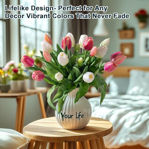 Bailikang 20PCS Fake Tulips Artificial Tulip Silk Flowers Fake PU Bouquet Artificial Flowers Faux Flowers with Gift Box Soft Faux Tulips Bouquets Arrangements for Party Wedding Home - color: White+light Red