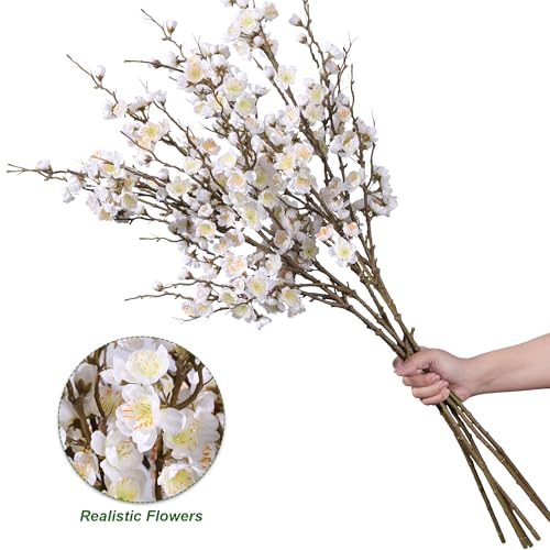 florisso 6 PCS Artificial Cherry Blossom Branches Spring Indoor Decoration, Faux Flowers 34.45" Long Stems Plum Fake Peach Plants Real Touch Silk for Wedding Home Bedroom Party Table Office, White - color: A-white
