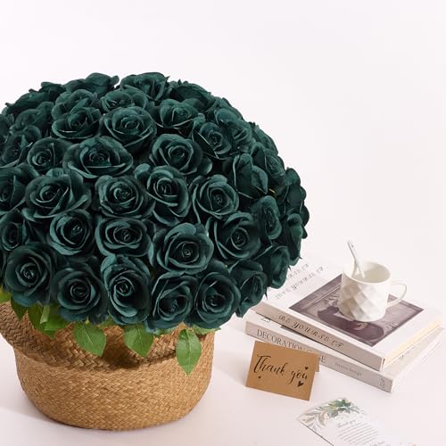 60 PCS Fake Emerald Green Roses Artificial Flowers Bulk Realistic Silk Faux Rose with Stems for Wedding Decoration Anniversary Bridal Bouquet DIY Floral Arrangement Romantic Home Decor Gifts - color: Emerald