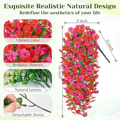 Dolicer 8 Pcs Look Real Artificial Flowers for Outdoors, Realistic Fake Artificial Hanging Flowers for Outdoors UV Resistant Silk Faux Hanging Plants Flowers for Porch Patio Garden (Red+Fuchsia) - color: Red+fuchsia, size: 8 Pcs