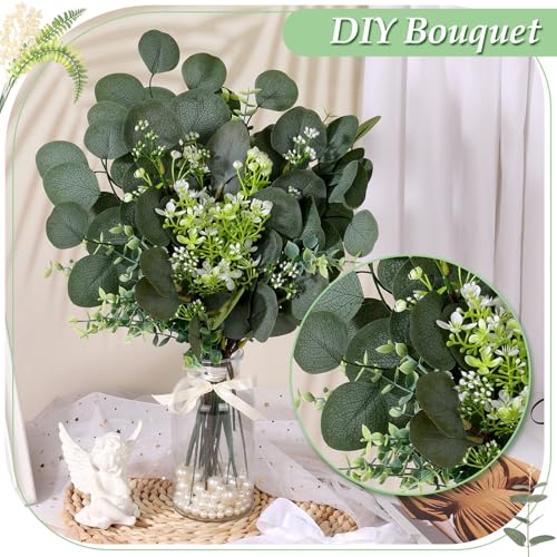 120PCS 15 Kinds Artificial Eucalyptus Stems Mixed Faux Eucalyptus Stems Leaves and Flowers Bulk Silver Dollar Eucalyptus Stems for Floral Arrangements Wedding Home Vase Bouquet Greenery Decoration - color: Sage Green & White