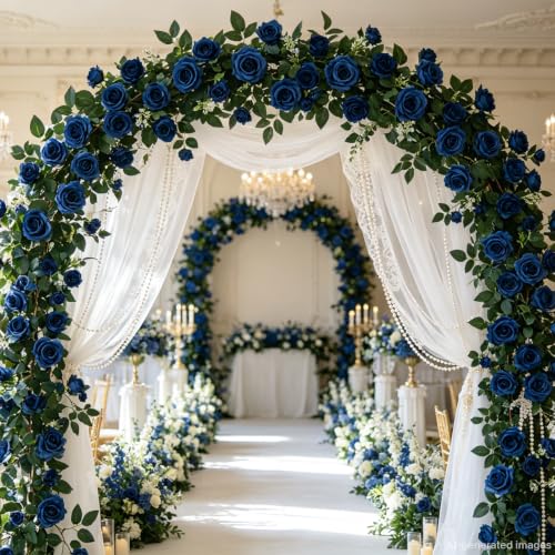 2 Pack 11.2 Ft Artificial Flower Garland with White Roses, Realistic Fake Greenery Vines with 17 Roses Flowers for Wedding Table Centerpieces Arch Party Ceremony Backdrop Decor (Blue) - color: Blue