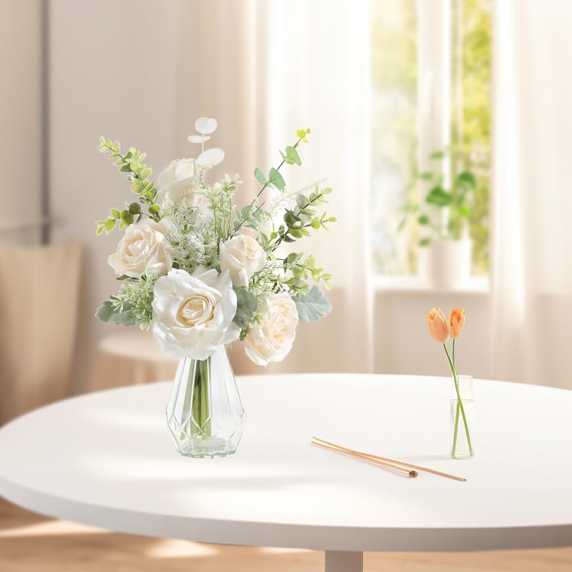 Artificial Flowers with Vase,White Silk Roses and Fake Plant Eucalyptus in Vase,Faux Flower Arrangement with Vase Suitable for Home Office Decoration, Living Room and Dining Table Centerpiece - color: White-1