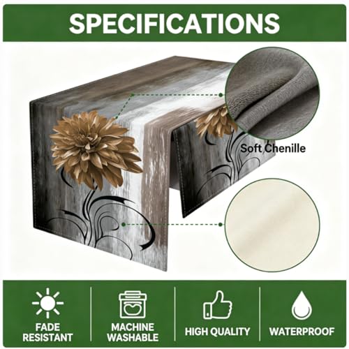 OYIMUA Soft Thick Chenille Grey and Brown Table Runner 90 Inches Long Vintage Abstract Painting Flowers Spring Summer Rustic Dining Table Decorations for Home Indoor Outdoor - size: 13" x 90", Table Runner, style: Grey