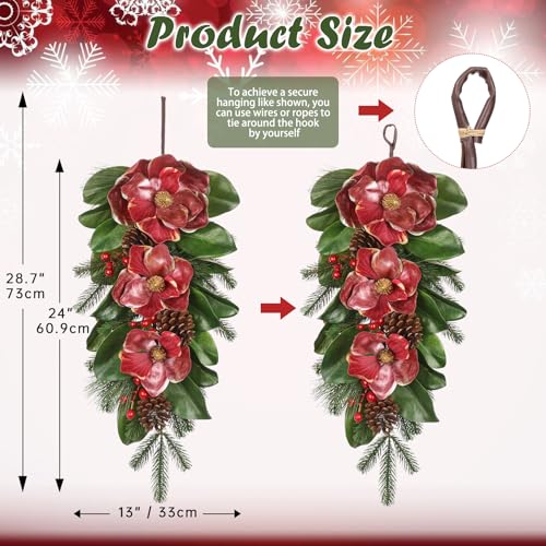 Briful 28.7 Inch Christmas Magnolia Flower Teardrop Swag – Red Magnolia Door Swag with Pine Cones Berries Artificial Christmas Hanging Teardrop for Xmas Home Holiday Front Door Outdoor Porch Decor - color: Teardrop Swag