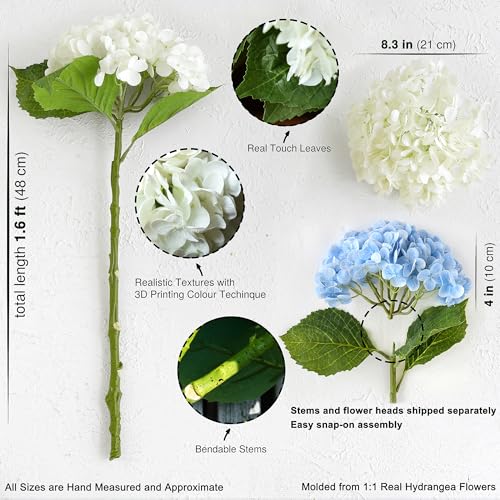 FiveSeasonStuff Real Touch Silk Hydrangea Flowers, 2 Large Long Stem Artificial Flowers for Floral Arrangements (Mixed Summer White & Heavenly Blue) - color: Mixed Summer White + Heavenly Blue