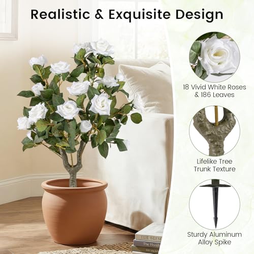 Goplus 2 Pack Artificial Rose Flower Trees, 31.5” Fake Shrub Plants with Spikes, 186 Leaves & 18 White Flowers, Sun-Proof Indoor & Outdoor Silk Floral Topiary Plants for Home Porch Wedding - color: White Rose