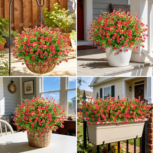Ouddy Decor 24 Bundles Artificial Flowers for Outdoors Decoration Fake Flowers UV Resistant Faux Plastic Greenery Eucalyptus Plants for Spring Summer Garden Patio Indoor Outdoor Home Decor, Red - color: Red