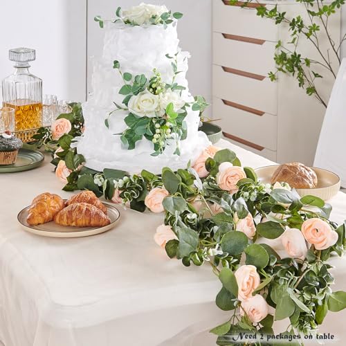 PONKING Flower Garland Artificial Rose Vine Flowers Hanging Fake Roses Vines for Wedding Birthday Party Valentines Christmas Room Wall Arch Decor, 2 Off White Floral Garland Decorations - color: 2" Flower Champagne Vines 5.4ft