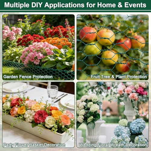 Floral Chicken Mesh for Craft, 4 x 236 Inch Galvanized Hexagonal Netting Roll, Lightweight Garden Poultry Fence for Coop & Rabbit, Metal Mesh Kit with Gloves, Ties and Plier - size: 4 x 236 Inch