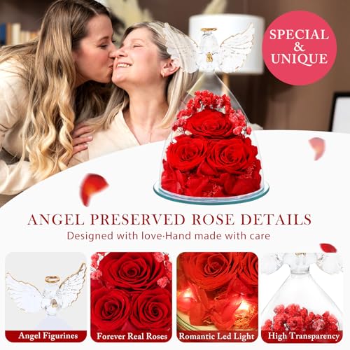 Mothers Day Flowers Gifts for Mom Flowers for Delivery Preserved Flowers Forever Real Fresh Roses in Glass Angel Figurines Birthday Gifts for Women Anniversary Present for Grandma Wife from Daughter - color: Red (Rose, Baby's Breath, Hydrangea)