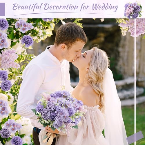 Zeyune 8 Pcs 13.4 Inch Artificial Flowers Bouquet Fake Silk Flowers Faux Bouquet Hydrangea Bouquets for Wedding Birthday Table Centerpieces Home Office Decoration (Peony,Purple) - color: Purple, size: Peony