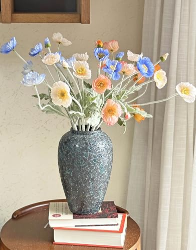 Set of 6 Poppies Flowers Artificial, Real Touch Silk Flowers with Long Stems for Vase, Realistic Faux Wildflowers Arrangement for Home Office Farmhouse Wedding Party Indoor Decor (Dark Blue) - color: Dark Blue