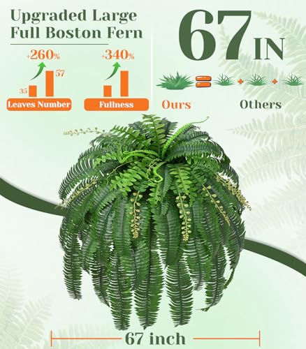 Livole 2 Pcs 67" Fake Ferns Large Artificial Plants Outdoor, Artificial Ferns for Outdoors Large Faux Boston Fern with 57 Branches Realistic UV Resistant for Planter Home Garden Porch Hanging Decor - size: 67"-55 Branches-2 Pcs