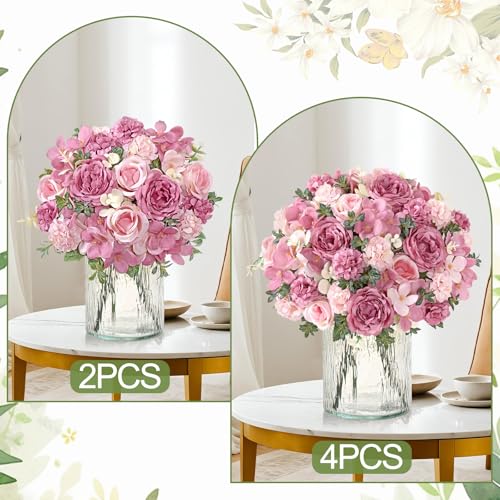 4 Packs Peonies Artificial Flowers Silk Pink Purple Artificial Peonies Bouquet Fake Flower Arrangements Mixed Roses Hydrangea with Stems for Centerpiece Table Wedding Bridal Bouquets Home Decor - color: Pink Purple
