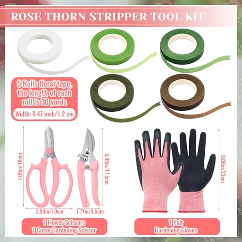 9 Pcs Rose Thorn Remover Set Include 1 Flower Thorn Stripper Tool 5 Floral Tape 1 Flower Scissor 1 Curve Gardening Scissors 1 Pair Gardening Gloves for Valentine Women Mother Gift (Pink) - color: Pink