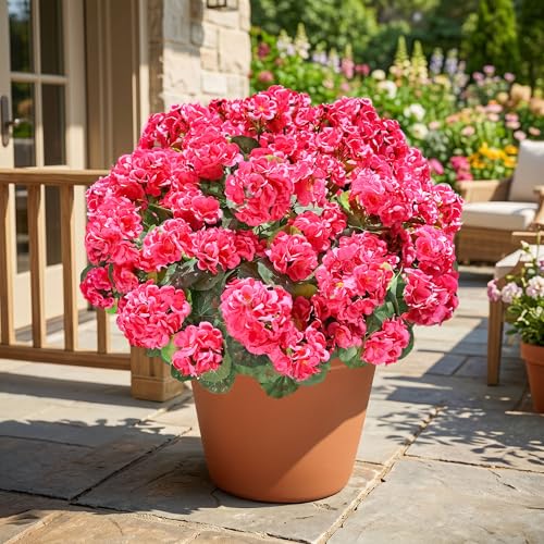 Fake Geraniums Artificial Flowers for Outdoors Outside, 6 Bundles Silk Geraniums Fake Flowers Plants Realistic UV Resistant Faux Flowers for Outdoor Planters Garden Balcony Yard Porch Indoor, Hot Pink - color: Hot Pink